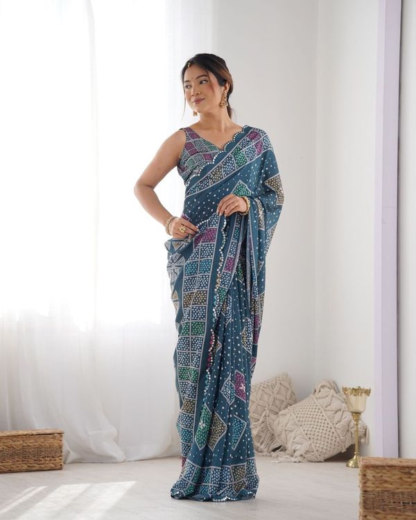 Green Designer Digital Printed & Mirror Cut Work Chinon Saree