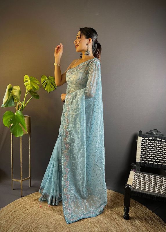 Grey Thread & Sequance Embroidery Work Twill Net Saree