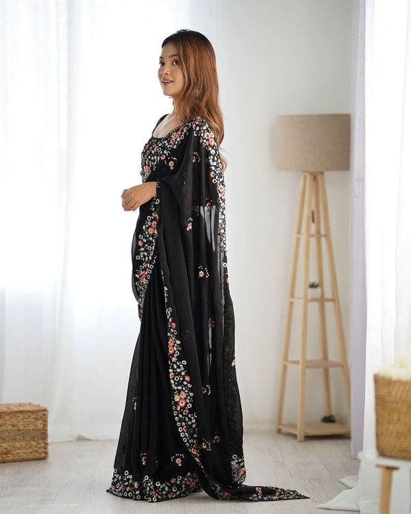 Black Multy Thread & Sequance Embroidery Work Satin Chiffon Saree