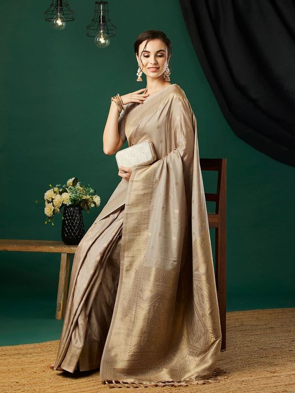 Grey Wevon Jacquard Designer Nylon Banarasi Saree