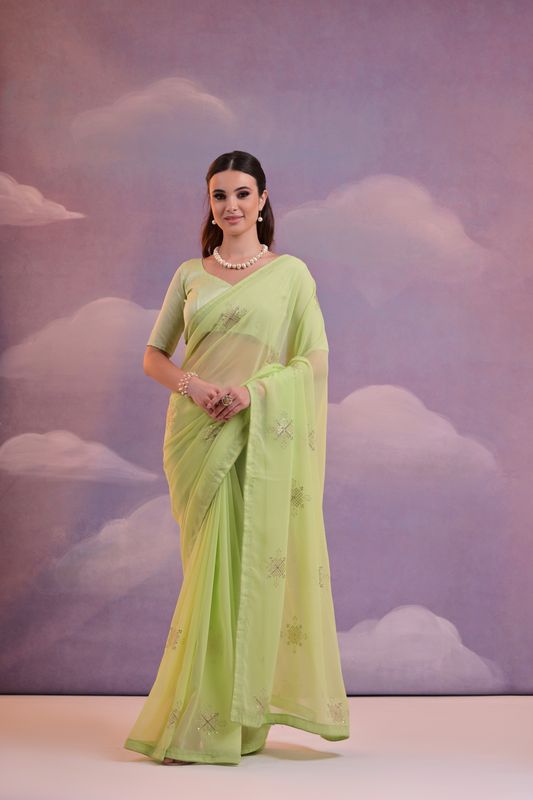 Parrot Designer Sequance Embroidery Work Georgette Saree