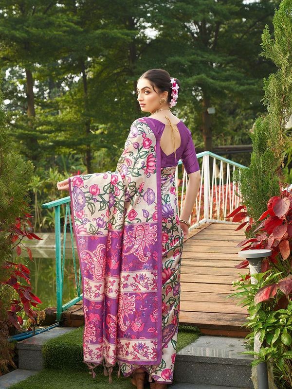 Voilet Designer Kalamkari Printed Tussar Silk Saree