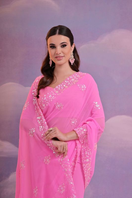 Pink Designer Sequance Embroidery Work Georgette Saree