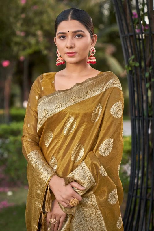 Mustard Weaving Rich Pallu Jari Designer Simmer Silk Saree