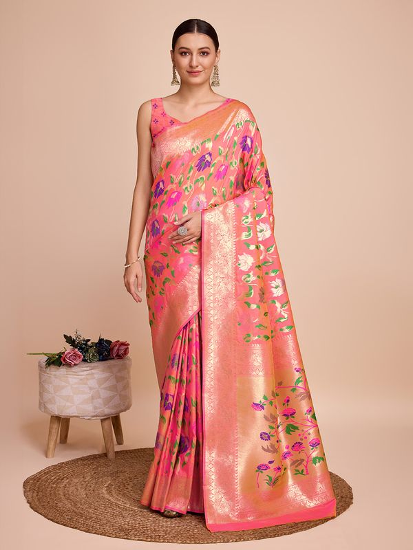 Peach Weaving Meenakari Designer Paithani Silk Saree