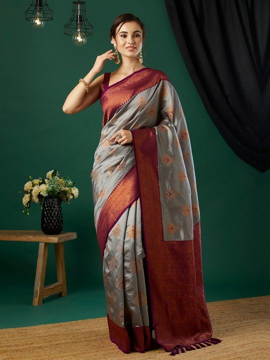 Grey Banarasi Silk Woven Saree With Tassels on Pallu and Stitched Wine Blouse