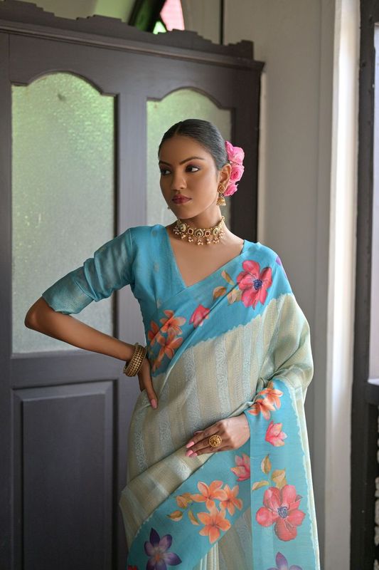 Beautiful Firozi Color Soft Silk Classy Rich Woven Printed Saree