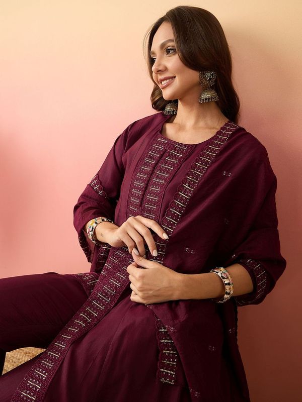 Maroon Color Beautiful Woven Silk Readymade Suit with Festive Thread Embroidery Work