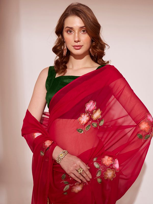 Red Designer Brush Printed Blooming Organza Saree