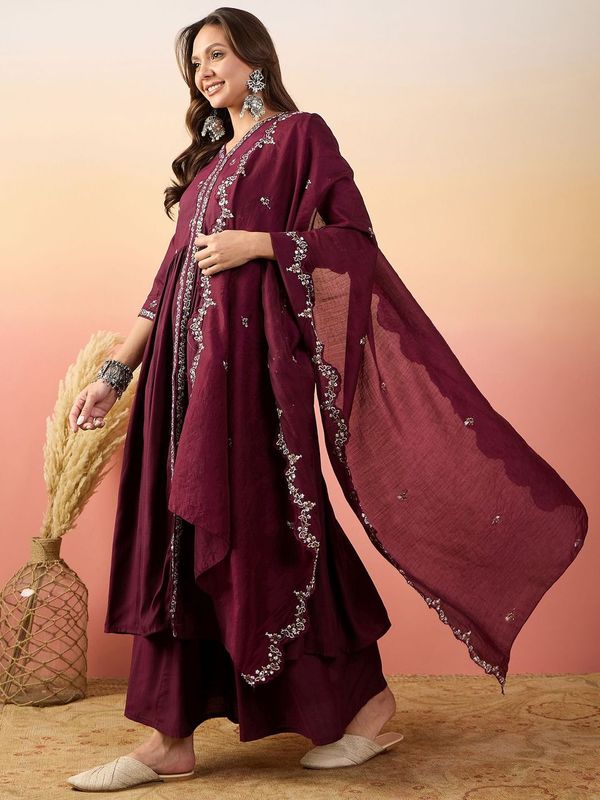 Maroon Color Beautiful Woven Silk Readymade Suit with Festive Thread Embroidery Work