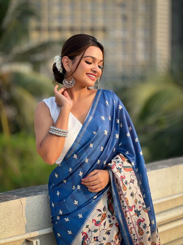 Blue Designer Kalankari Floral Printed Katki Silk Saree