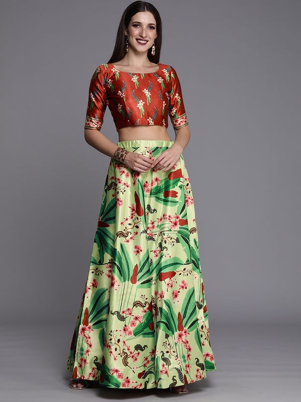 Digital Print Satin Silk Fabric Stitched Lehenga Choli With Jequared Blouse and Assami Silk Thread Work Dupatta For Women and Girls In Festive Party And Traditional Wear