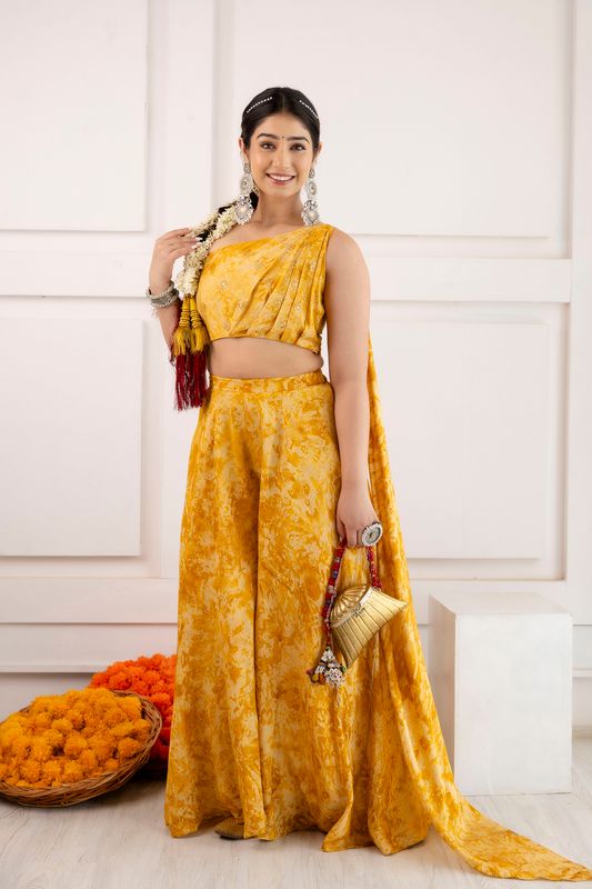 Yellow Printed Drape dupatta Set