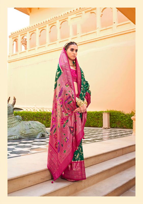 Pink & Green Wevon Designer & Printed P V Silk Saree