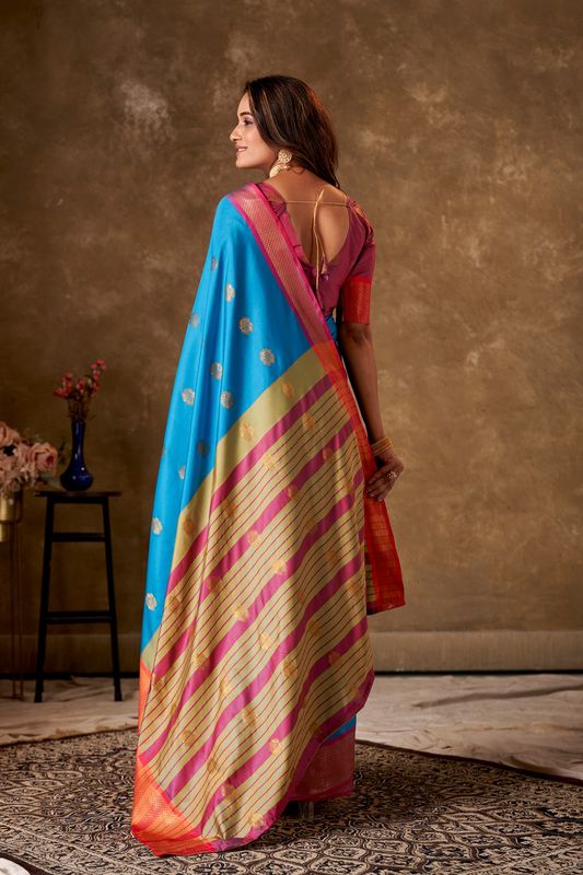 Blue Cotton Woven Saree and Stitched Pink Blouse