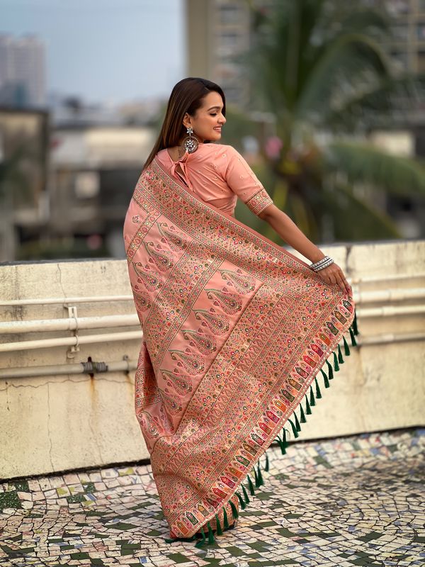 Peach Wevon Kashmiri Meenakari Designer Pashmina Silk Saree