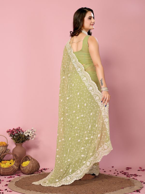Khaki Thread & Sequance Embroidery Work Georgette Saree