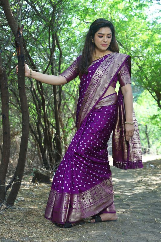 Purple Wevon Jari Heavy Designer & Bandhej Work Kanjivaram Silk Saree