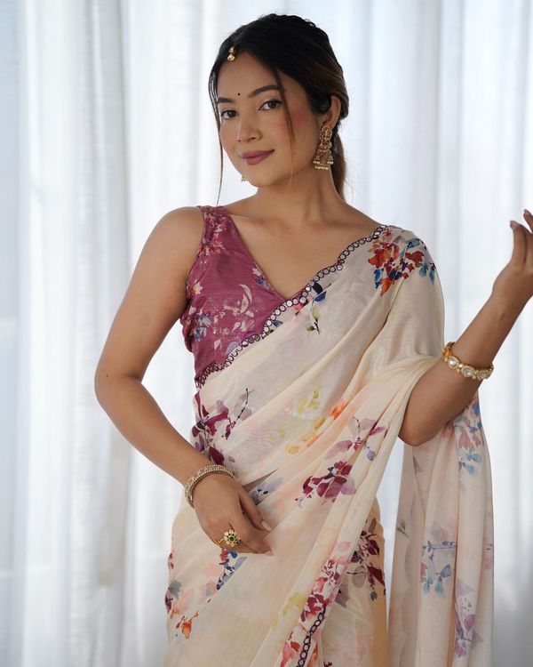 Peach Designer Digital Printed & Mirror Cut Work Chinon Saree