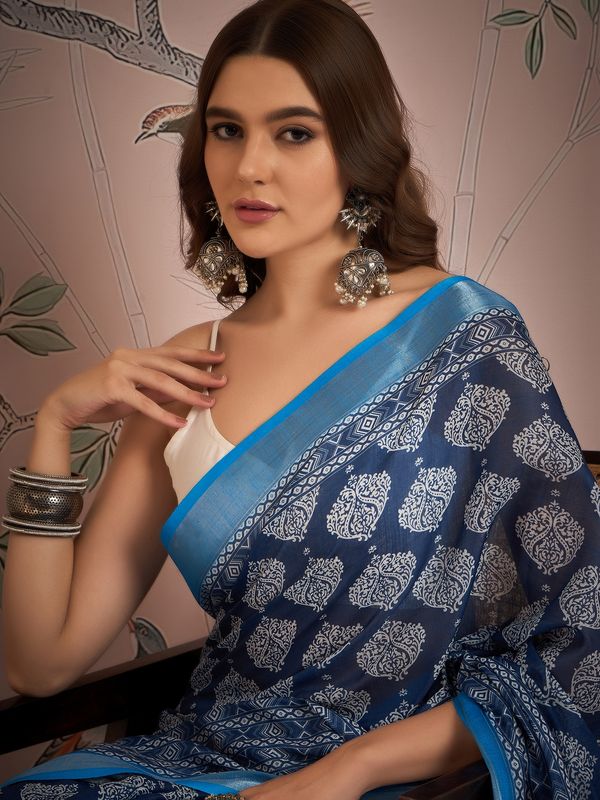 Blue Color Digital Printed Designer Linen Fabric Graceful Saree
