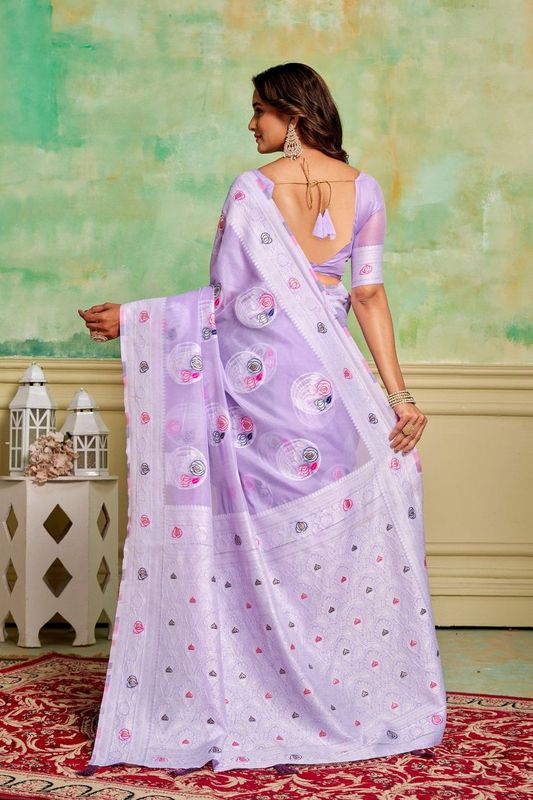 Lavender Cotton Woven Saree With Tassels on Pallu and Stitched Lavender Blouse