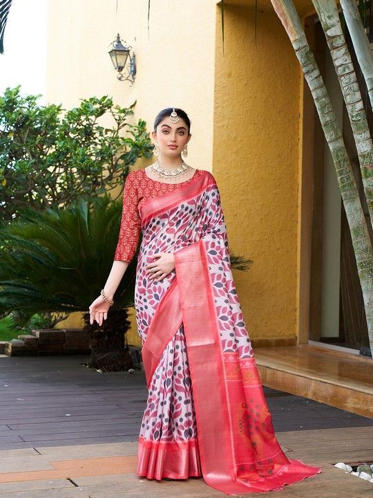 Light Pink Crepe Digital Print Saree With Tassels on Pallu and Stitched Pink Blouse