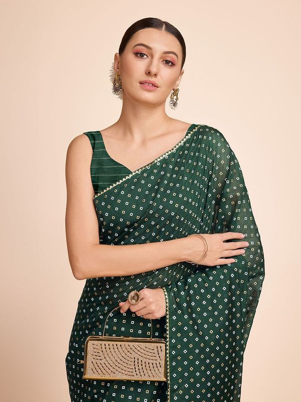 Green Weaving Designer & Bandhani Printed Faux Cotton Saree