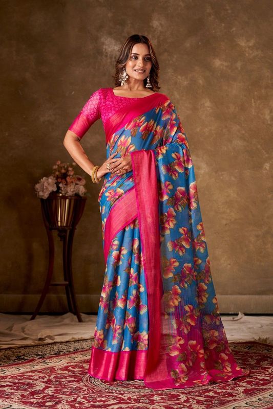 Blue Cotton Printed Saree and Stitched Pink Blouse