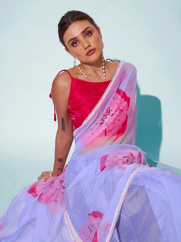 Sky Blue Color Organza Fabric Designer Printed Graceful Bollywood Style Party Saree