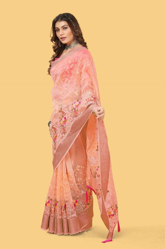 Orange Wevon Jari Patta & Embroidery & Stone Work Organza Silk Saree