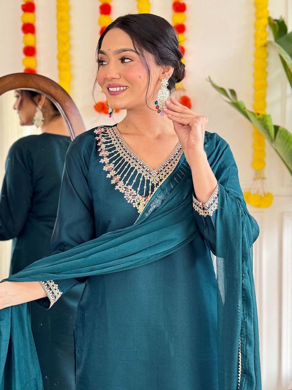 Beautiful Blue Color Viscose Chanderi Fabric Graceful Embroidered Readymade Suit