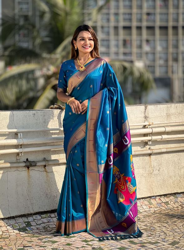 Blue Wevon Paithani Vitthala Designer Soft Silk Saree