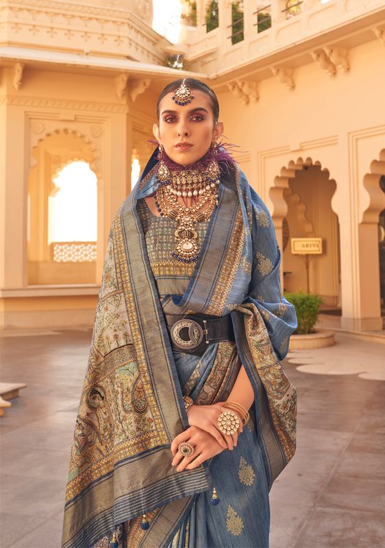 Blue Wevon Border Designer & Printed P V Silk Saree