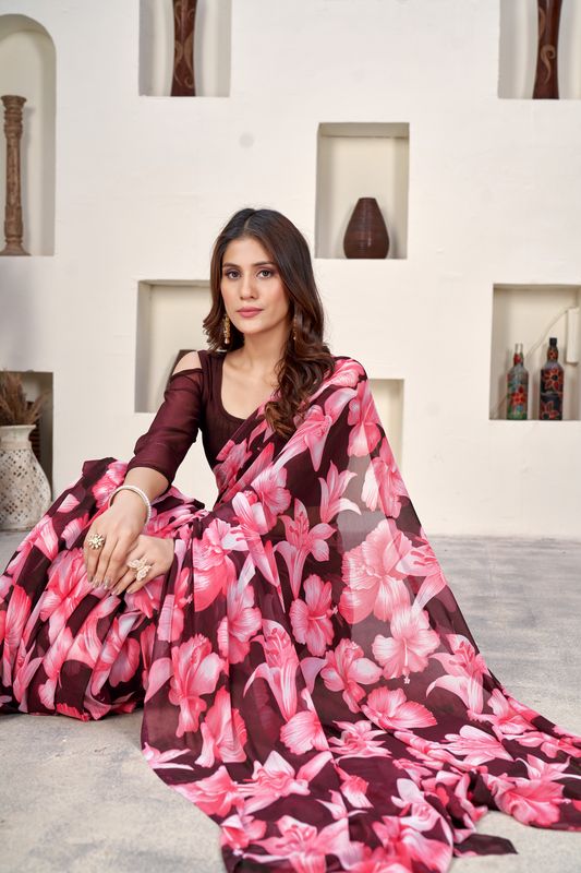 Wine Designer Printed Weight Less Saree