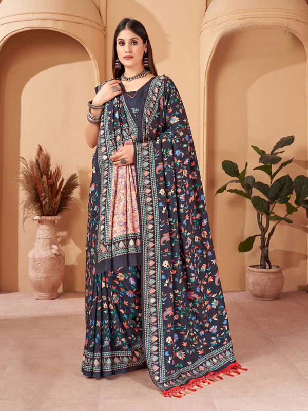 Winter Special Blue Color Pashmina Saree With Fancy Shawl For Wedding Looks