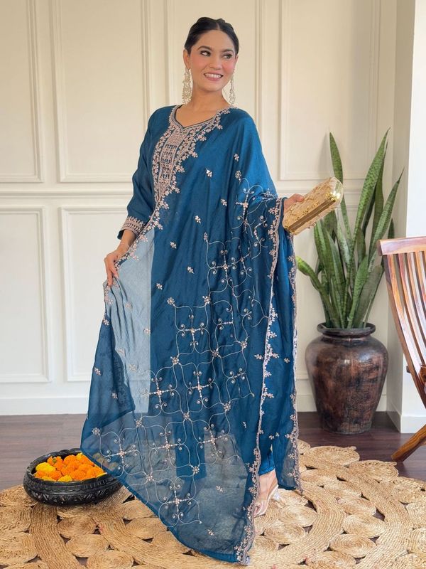 Women Embroidered Straight Kurta with Pant And Printed Dupatta Sets