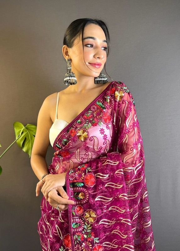Magenta Multy Thread Embroidery Work Butterfly Net Saree