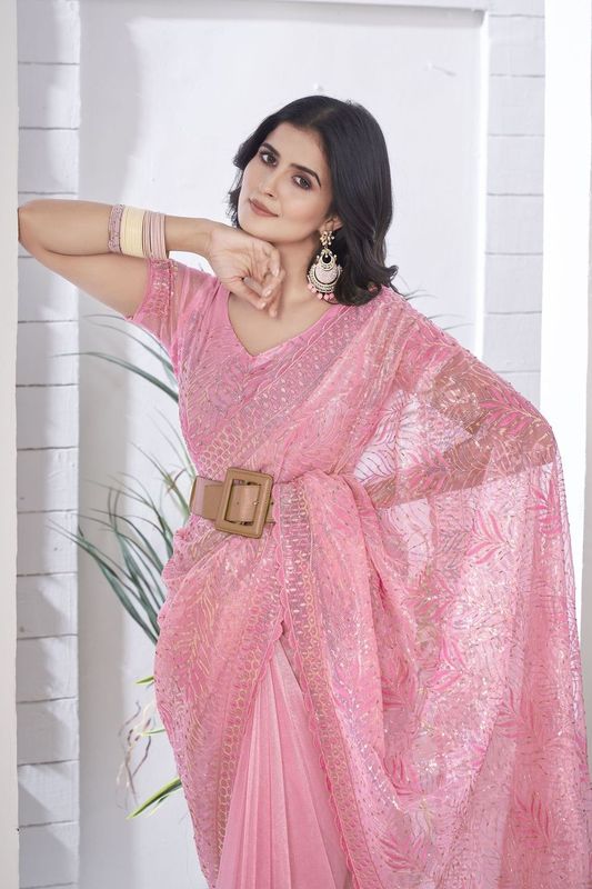 Pink Multy Thread & Sequance Embroidery Cut Work Tissue Net Saree