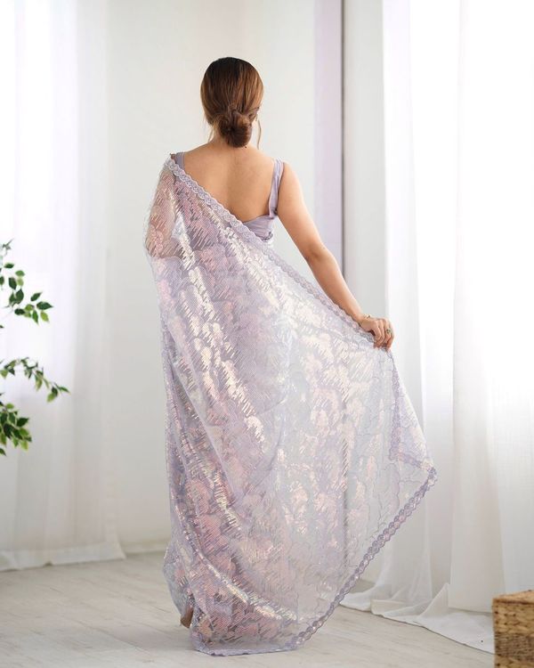 Lavender Heavy Sequance Embroidery Work Mono Net Saree