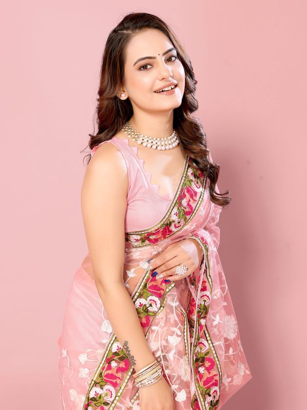 Pink Multy Thread Embroidery Work Soft Net Saree
