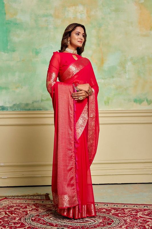Pink Crepe Woven Saree and Stitched Pink Blouse