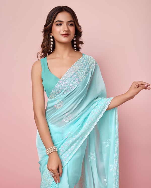 Sky Blue Sequance Embroidery Work Tabby Silk Saree