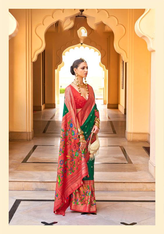 Green & Red Wevon Designer & Printed P V Silk Saree