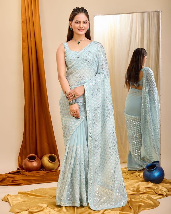Sky Blue Designer Sequance Embroidery Work Georgette Saree