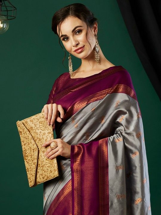 Grey Banarasi Silk Woven Saree With Tassels on Pallu and Stitched Rani Blouse