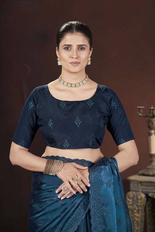 Teal Blue Sequance & Thread Embroidery Work Jimmy Choo Saree