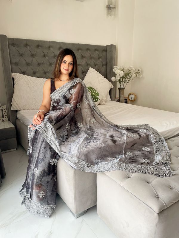 Black Printed & Silver Jari Embroidery Work Jimmy Choo Saree