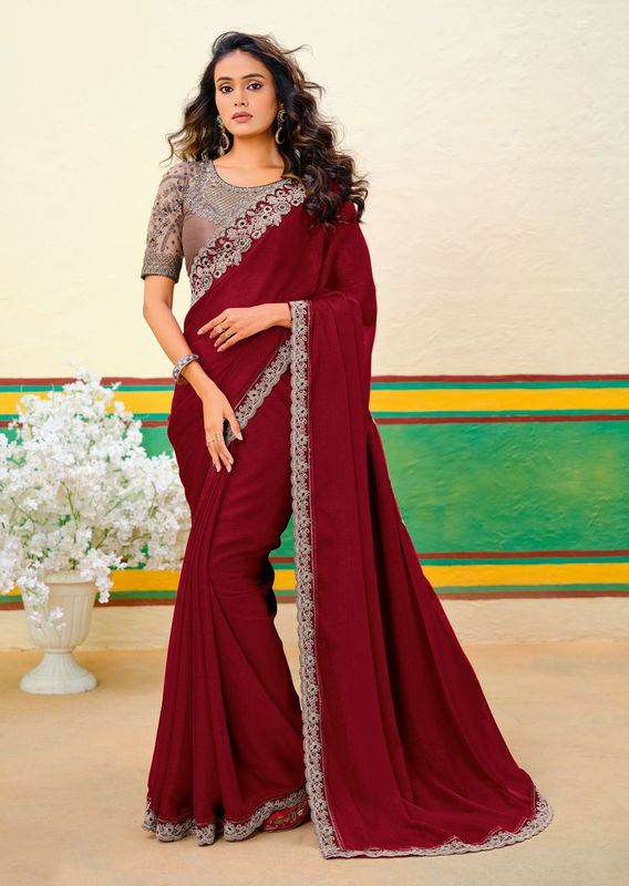 Maroon Wevon Designer & Embroidery Work Georgette Jari Saree