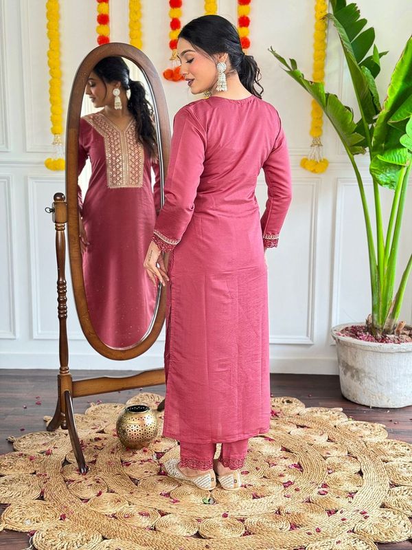 Beautiful Burgundy Color Viscose Chanderi Fabric Graceful Embroidered Readymade Suit