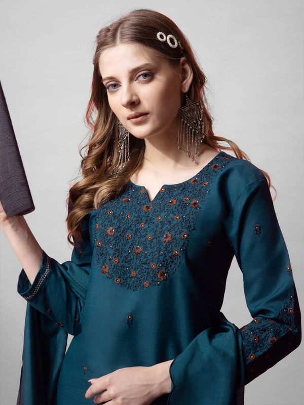 Teal Blue Color Cotton Blend Readymade Dress With Designer Embroidery Work